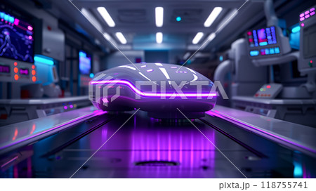 Futuristic Transport Pod on a Sleek Track in a High-Tech Facility During Night Hours Futuristic Transport Pod on a Sleek Track in a High-Tech Facility During Night Hours 118755741