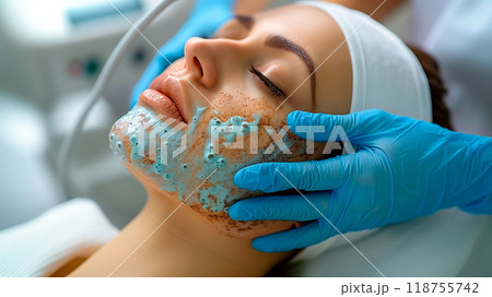 Woman Receiving a Skin Treatment in a Clinic With a Soothing Facial Mask Applied Woman Receiving a Skin Treatment in a Clinic With a Soothing Facial Mask Applied 118755742