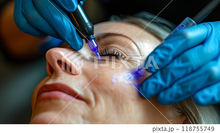 Woman Receiving Cosmetic Microblading Treatment for Eyebrow Enhancement in a Beauty Clinic 118755749
