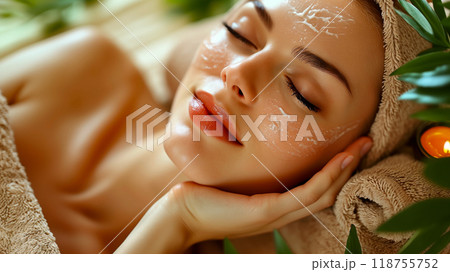 Relaxing Facial Treatment With Natural Elements During a Spa Day in a Serene Environment 118755752