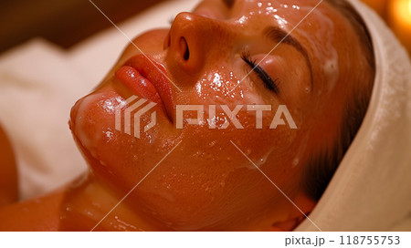 Woman Enjoying a Relaxing Facial Treatment at a Spa With Soothing Ambiance and Warm Lighting 118755753