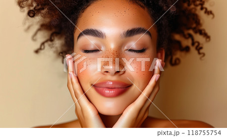 Young Woman With Curly Hair Gently Enjoying a Skincare Routine in a Cozy Indoor Setting Young Woman With Curly Hair Gently Enjoying a Skincare Routine in a Cozy Indoor Setting 118755754