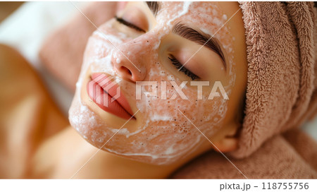 Woman Enjoying a Relaxing Facial Treatment With a Cleansing Mask at a Spa 118755756