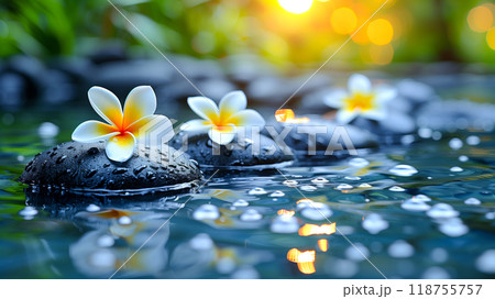 Tranquil Pond With Smooth Stones and Floating Plumeria Flowers During Golden Hour 118755757