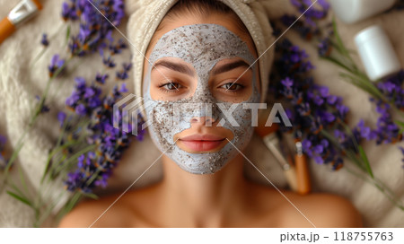 Woman Applying a Skincare Mask Surrounded by Lavender and Beauty Tools in a Serene Setting 118755763
