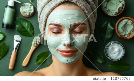 Woman at Home Applying a Green Clay Mask, Surrounded by Skincare and Natural Elements 118755765
