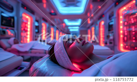 Relaxing Facial Treatment in a Futuristic Spa With Glowing Lights and Serene Ambiance 118755772