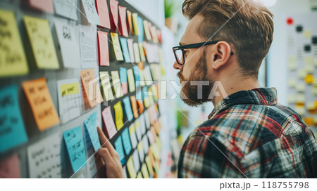 Young Man Brainstorming Ideas With Colorful Sticky Notes on a Wall in a Creative Workspace 118755798