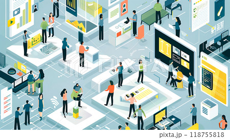 Creative Teams Collaborating at a Modern Design Conference in a Spacious Exhibition Hall Creative Teams Collaborating at a Modern Design Conference in a Spacious Exhibition Hall 118755818