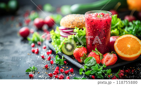 Colorful Healthy Meal With Fresh Salad, Fruits, and a Vibrant Beverage on a Dark Wooden Table Colorful Healthy Meal With Fresh Salad, Fruits, and a Vibrant Beverage on a Dark Wooden Table 118755880