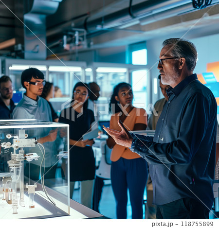 Professional Discussing Innovative Technology With a Diverse Group in a Modern Laboratory Setting Professional Discussing Innovative Technology With a Diverse Group in a Modern Laboratory Setting 118755899