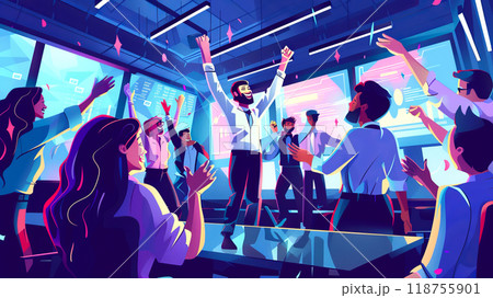 Team Celebrating Success With Enthusiasm in a Vibrant, Modern Office During a Milestone Achievement 118755901