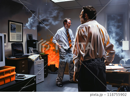 Employees React to a Fire Breakout in a Messy Office Environment During a Busy Workday 118755902