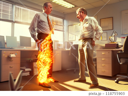 Office Confrontation Escalates as One Man's Pants Catch Fire Unexpectedly During a Heated Discussion 118755903