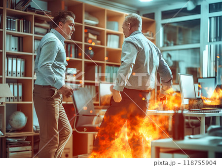 Two Businessmen Face a Dramatic Office Fire in a Modern Workspace During the Day 118755904
