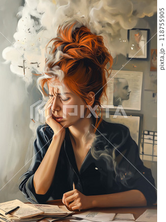 A Reflective Moment of a Woman Immersed in Thought and Creativity While Writing Amidst Smoke 118755905