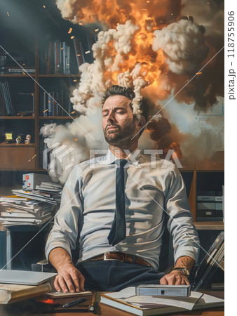 Office Worker Remains Calm Amid Chaos as Explosion Erupts in Background During Work Hours 118755906
