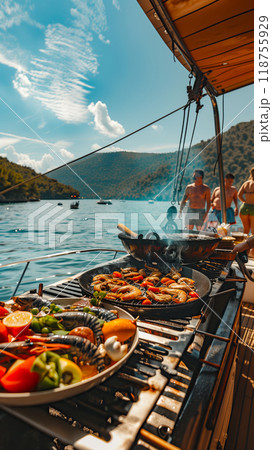 Outdoor Seafood Barbecue by the Water With Friends Enjoying a Warm Sunny Day Outdoor Seafood Barbecue by the Water With Friends Enjoying a Warm Sunny Day 118755929