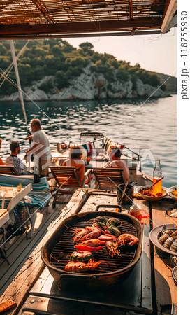 Fresh Seafood Grilling Aboard a Boat in a Serene Coastal Setting During Sunset Fresh Seafood Grilling Aboard a Boat in a Serene Coastal Setting During Sunset 118755930