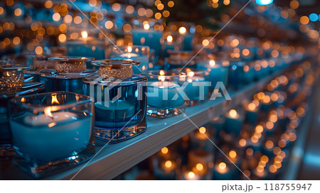 Blue Candles Glowing Softly on Shelves in a Serene Space During Evening Hours 118755947