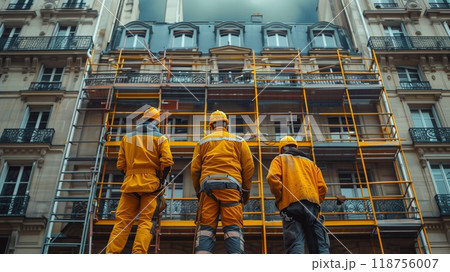Workers Restoring the Facade of an Old Building in an Urban Area During Daylight Hours Workers Restoring the Facade of an Old Building in an Urban Area During Daylight Hours 118756007