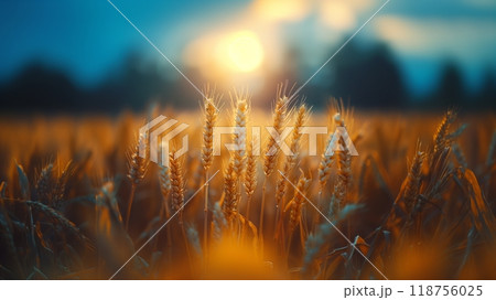 Golden Wheat Spikes Basking in Sunlight During a Tranquil Evening on a Farm Field 118756025
