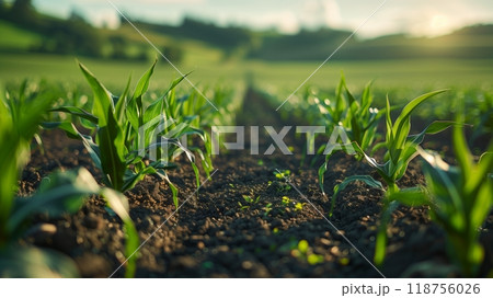 Young Corn Plants Growing in a Lush Field Under Warm Sunlight on a Clear Afternoon 118756026