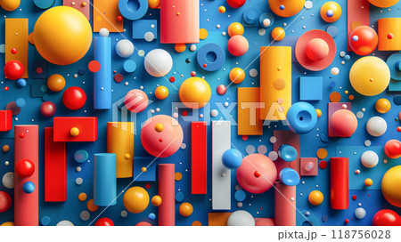 Colorful Arrangement of Abstract Geometric Shapes on a Vibrant Blue Background 118756028