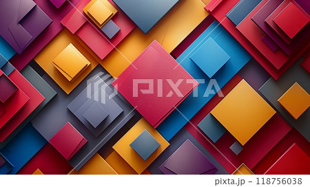 Colorful Geometric Shapes Layered Together in Vibrant Patterns and Textures on a Background 118756038