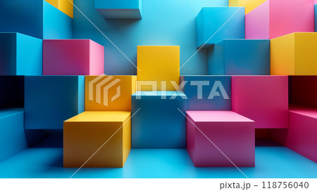 Colorful Geometric Blocks Arranged in a Vibrant Modern Art Installation Against a Blue Backdrop 118756040