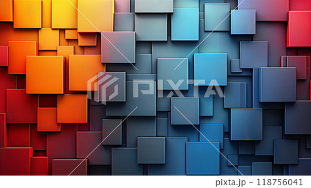 Colorful Geometric Patterns With Layered Squares in Vibrant Shades of Orange, Red, Blue, and Gray 118756041