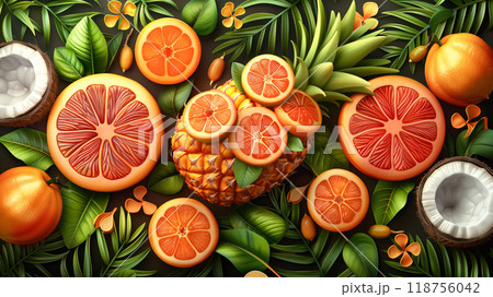 Vibrant Tropical Fruits Arranged Artistically Among Lush Green Leaves on a Dark Background 118756042