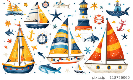 Colorful Nautical-Themed Illustrations Featuring Boats, Lighthouses, and Marine Life Colorful Nautical-Themed Illustrations Featuring Boats, Lighthouses, and Marine Life 118756060