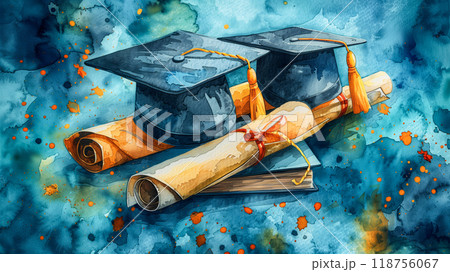 Graduation Caps, Diplomas, and Books Create a Colorful Academic Celebration on a Blue Background 118756067