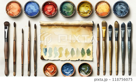 Art Supplies Arranged on a Table With Watercolor Paints, Brushes, and Blank Parchment for Creativity 118756075