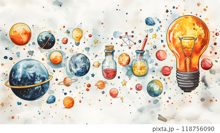 Colorful Watercolor Artwork Depicting Planets, Stars, and Science Elements on a Cosmic Background Colorful Watercolor Artwork Depicting Planets, Stars, and Science Elements on a Cosmic Background 118756090