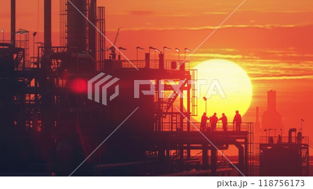 Sunset Over Industrial Site With Cranes and Silhouettes of Workers by the Harbor. Generative AI Sunset Over Industrial Site With Cranes and Silhouettes of Workers by the Harbor. Generative AI 118756173