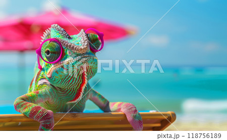 A Colorful Chameleon Wearing Glasses Relaxes on a Beach Under Pink Umbrellas. Generative AI A Colorful Chameleon Wearing Glasses Relaxes on a Beach Under Pink Umbrellas. Generative AI 118756189