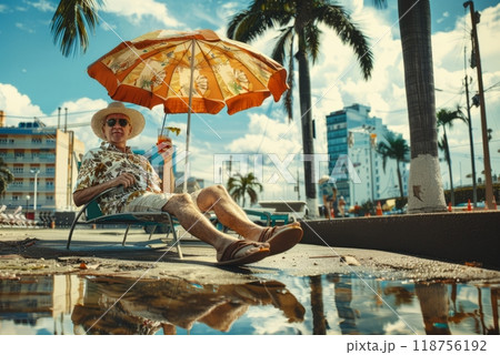 Relaxing Under a Colorful Umbrella on a Sunny Day in a Tropical Setting. Generative AI 118756192