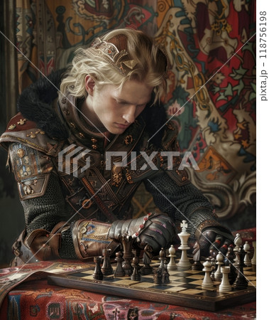 Young Noble in Ornate Armor Concentrates on Chess Match in Richly Decorated Setting. Generative AI 118756198