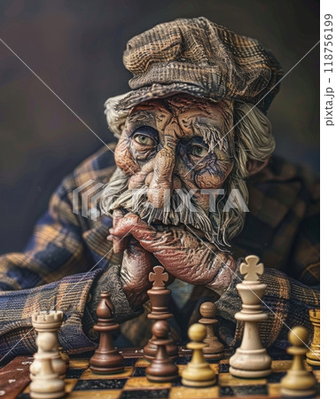 An Elderly Man Deeply Focused on a Chess Game in a Dimly Lit Room. Generative AI 118756199