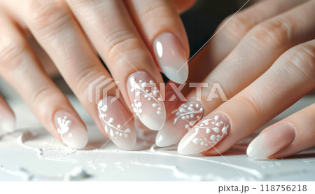 Elegant White Floral Nail Design on Graceful Hands in a Well-Lit Indoor Setting. Generative AI 118756218