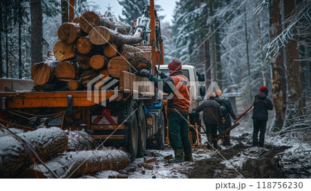 Logging Truck Transporting Freshly Cut Timber Through a Snowy Forest in Winter. Generative AI 118756230