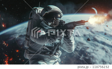 Astronaut Engaged in Space Combat With Earth Visible in the Background. Generative AI 118756232