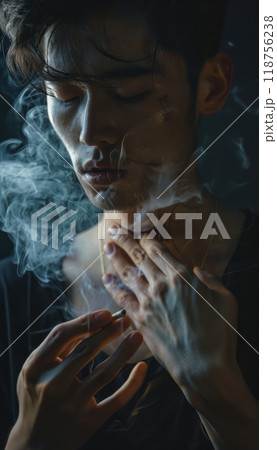 A Contemplative Moment With Smoke Swirling Around a Young Man in a Dimly Lit Room. Generative AI 118756238