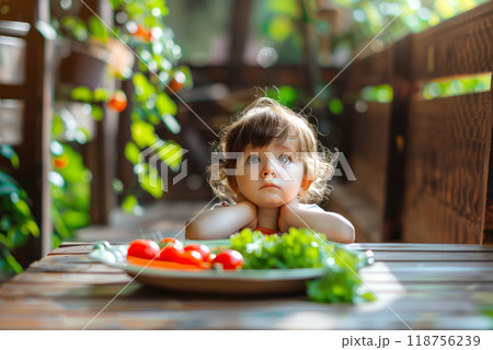 Curious Child Observing Fresh Vegetables on a Wooden Table in a Garden. Generative AI 118756239