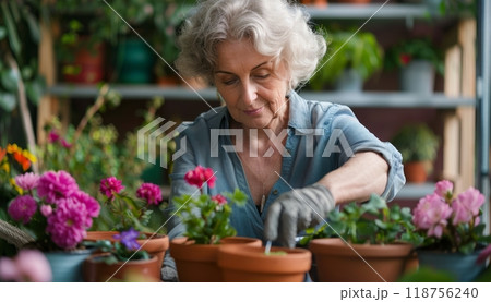 Elderly Woman Tending to Vibrant Flowers in a Home Garden Potting Area. Generative AI 118756240