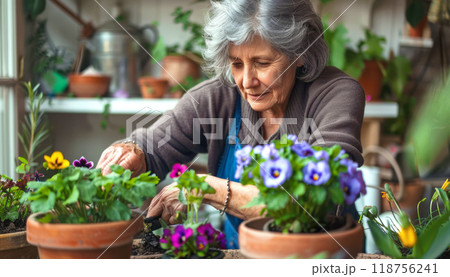 Gardener Tending to Colorful Flowers in Pots Indoors on a Sunny Afternoon. Generative AI 118756241