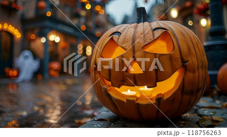A Spooky Carved Pumpkin Glowing in a Festive Autumn Street During a Rainy Halloween Night. 118756263