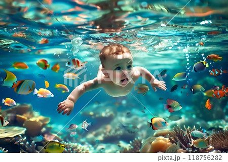 happy baby dives into the sea with colorful fishes, baby swimming training 118756282